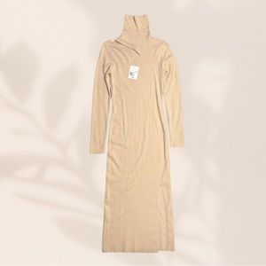 Forever 21 Cutout Turtleneck Bodycon Sweater Dress With Slit - Sand (M)